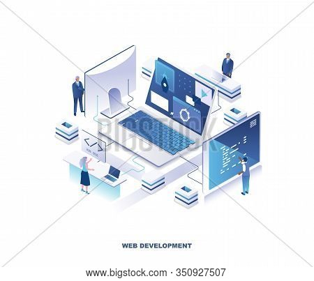 Front-end And Back-end Web Development, Programming, Coding Isometric Landing Page. Concept With Pro