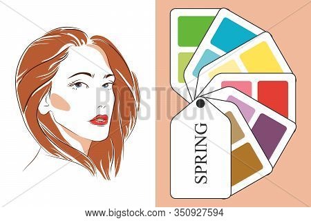 Stock Vector Color Guide. Seasonal Color Analysis Palette For Spring Type Of Female Appearance. Face