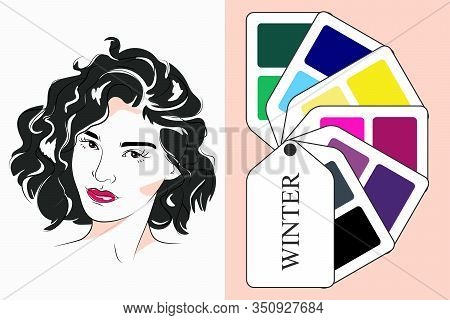 Stock Vector Color Guide. Seasonal Color Analysis Palette For Winter Type Of Female Appearance. Face