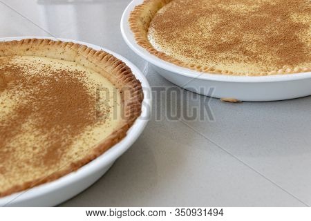 A Close Up View Of Two Milk Tarts In White Bowls Ready To Eat