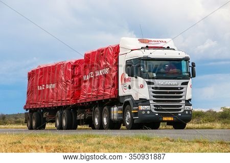 Omaheke, Namibia - February 11, 2020: Semi-trailer Truck Scania R410 At The Interurban Road.