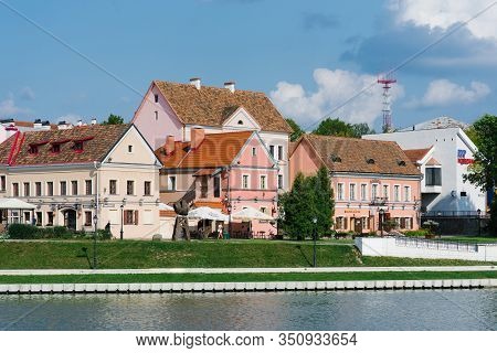 Minsk, Belarus. The September 2019. Beautiful Bright Houses Of The Trinity Suburb In The City Center