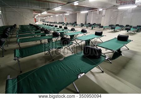 Bucharest, Romania - October 15, 2018: Many Beds Placed In The Basement Of The National Arena During