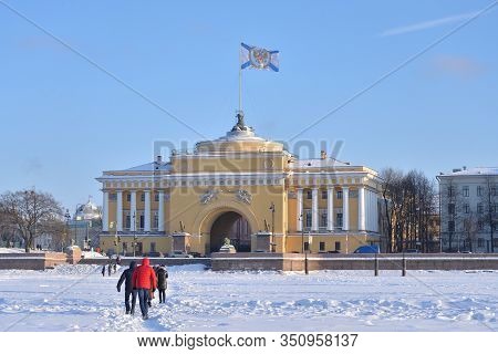 Admiralty And Frozen Neva River At Sunny Day In Petersburg, Russia.