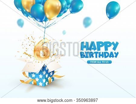 Celebrating Of 6 Th Years Birthday Vector 3d Illustration. Sixth Anniversary Celebration. Open Gift 