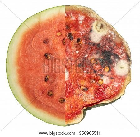 Close Up Of Red Watermelon And Isolated On White Background. Left Is Fresh Watermelon, And Right Is 