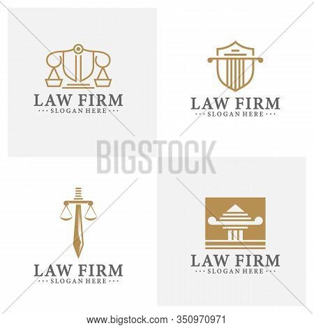 Law Office Logotypes Set With Scales Of Justice, Gavel Etc Illustrations. Vector Vintage Attorney, A