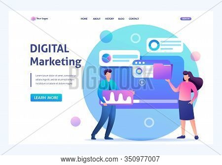 Young Entrepreneurs Insist Data For Digital Marketing, Advertising On The Internet. Flat 2d Characte