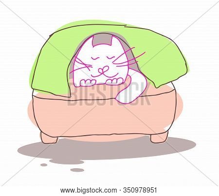 A White Cat Sleeps Sweetly Under A Blanket On An Easy Chair. Vector Illustration. Cartoon Character.