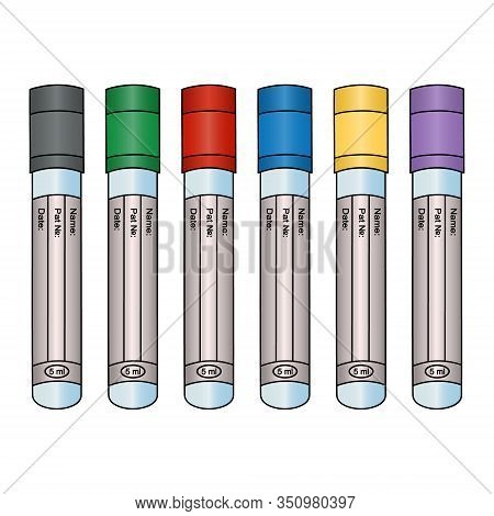 Empty vacuum tubes for several types of analysis of venous blood tests. Set of vector illustrations. Isolated background. Test tubes for patient plasma diagnostics. There is a place for text on the tube. Caps in different colors. Medical topics. Collectio