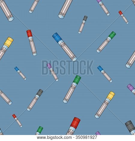 Test tubes. Empty vacuum tubes for several types of analysis of venous blood tests. Seamless vector pattern. An endlessly repeating ornament. Isolated blue background. Caps in different colors. Info on the tube. Medical topics. Idea for web design,  cover