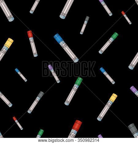 Test tubes. Empty vacuum tubes for several types of analysis of venous blood tests. Seamless vector pattern. An endlessly repeating ornament. Isolated black background. Caps in different colors. Info on the tube. Medical topics. Idea for web design.