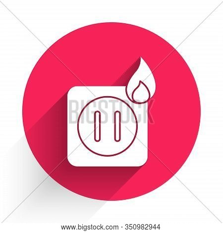 White Electric Wiring Of Socket In Fire Icon Isolated With Long Shadow. Electrical Safety Concept. P