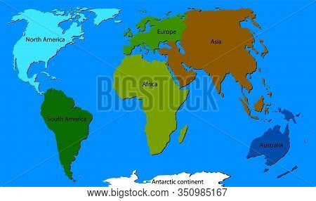 Continents Of The Planet Beak With Names And Different Colors On The Blue