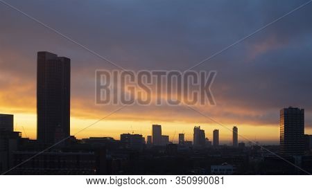 Majestic Dawn Sunrise Landscape Cityscape Over London City Sykline Looking East Along River Thames