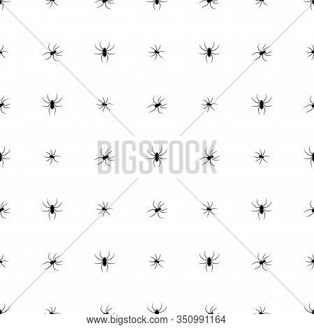 Seamless Pattern With Black Silhouette Of Spider On White Background. Halloween Decorative Texture. 