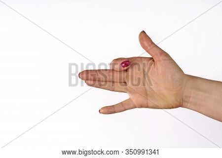 Female Hand Gestures Isolated Over The White Background.dog Sign Pose.