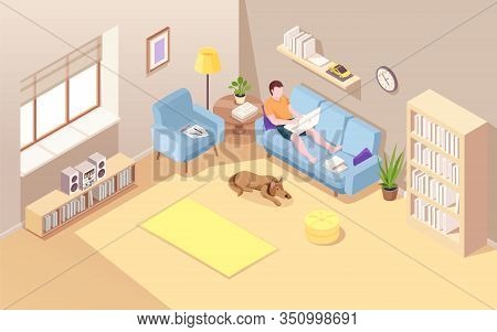 Isometric Room With Man Sitting On Sofa And Doing Remote Job Using Notebook. Vector Boy With Laptop 