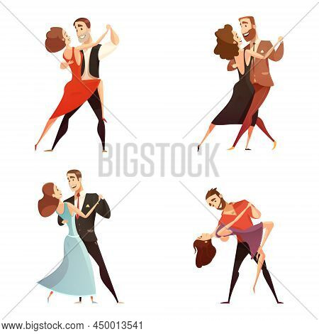 Dance Pair Retro Cartoon Set Of Men And Women Dancing Together In Classic Repertoire Flat Vector Ill