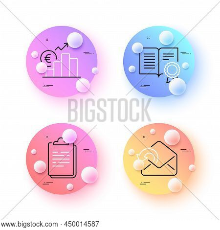 Clipboard, Euro Rate And Diploma Minimal Line Icons. 3d Spheres Or Balls Buttons. Send Mail Icons. F