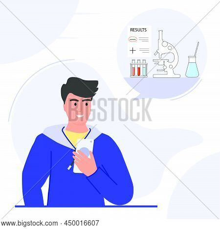 Vector Illustration Guy, Man Receives The Results Of Medical Tests On Cell Phone. Test Tubes, Micros