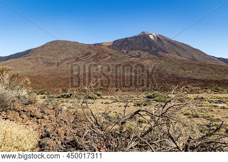 Teide Mountain With Former Volcanic Lava Streams Seen From Zapato De La Reina Rock Formation, Teneri