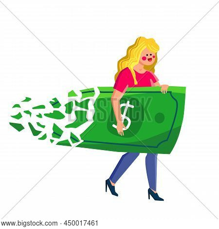Inflation Dollar Bill Sprayed In Woman Hand Vector. Young Girl Holding Money And Banknote Dissolving