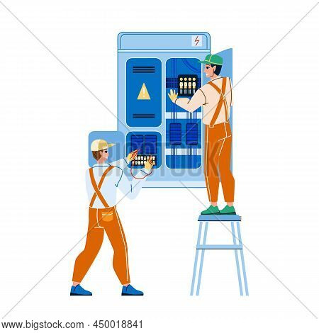 Electrical Engineering Cabinet Workers Vector. Men Engineers Research And Electrical Engineering Tog