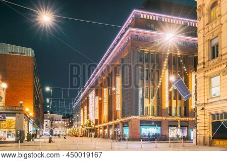 Helsinki, Finland. Building Of Department Store On Keskuskatu Street In Evening Or Night Christmas X