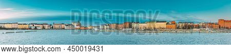 Helsinki, Finland. Panoramic View Of Kanavaranta Street And Uspenski Cathedral And Pohjoisranta Stre