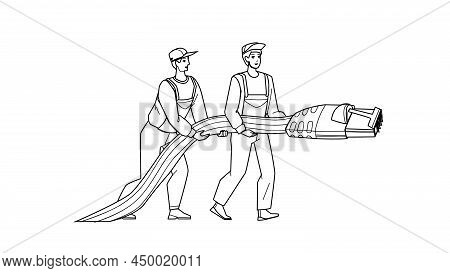 Network Lan Support Repairmen With Cable Black Line Pencil Drawing Vector. Network Lan Support Servi