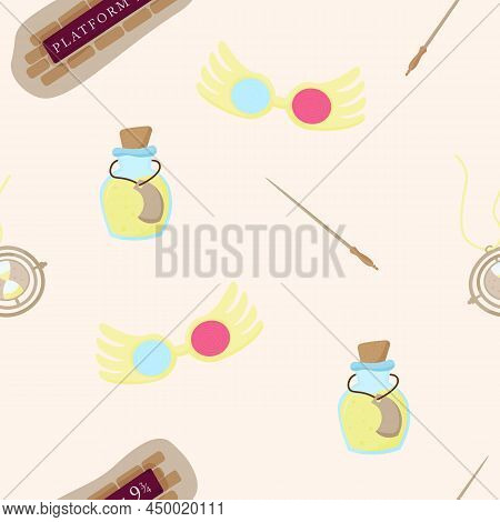 Seamless Pattern With Magic Items Based On The School Of Magic