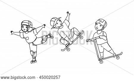 Children Enjoying In Extreme Skate Park Black Line Pencil Drawing Vector. Boy And Girl Kids Riding S