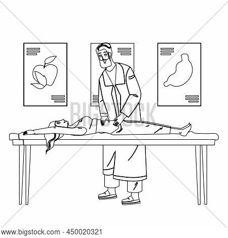 Gastroenterologist Examining Woman Patient Black Line Pencil Drawing Vector. Gastroenterologist Doct