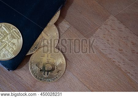 Bitcoins And Crypto Currentcy Wallet Close Up And Copy Space.