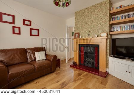 Cavendish, Suffolk - Jan 19 2019: Typical Modern Bedroom With Slatted Wooden Bed And Sidetables With