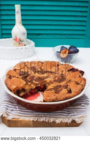 Plum Traditional Cake Wooden Background Green Shutter.