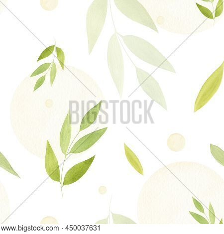 Watercolor Pattern With Plants And Yellow Circles