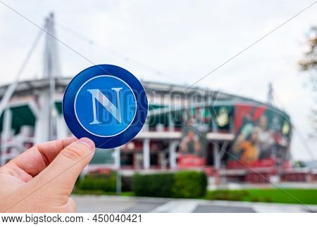 August 30, 2021, Naples, Italy. S.s.c. Football Club Emblem Napoli Against The Backdrop Of A Modern 