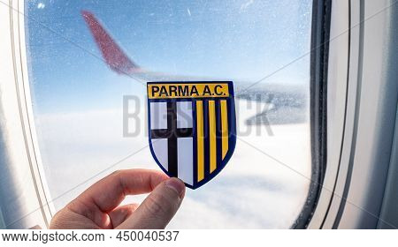 December 6, 2021. Parma, Italy. The Emblem Of The Parmacalcio 1913 Football Club On The Background O