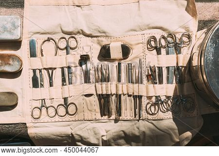 Old Medical And Surgical Instruments. Many Surgical Instruments For Surgery. Old Different Metal Med