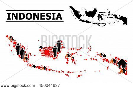 War Collage Vector Map Of Indonesia. Geographic Concept Map Of Indonesia Is Combined From Randomized