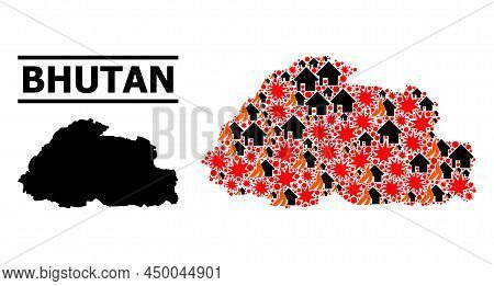War Collage Vector Map Of Bhutan. Geographic Composition Map Of Bhutan Is Organized From Random Fire