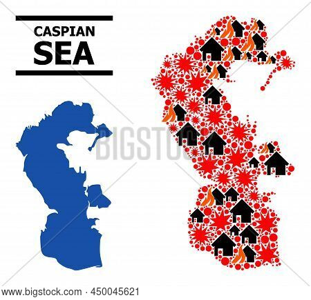 War Mosaic Vector Map Of Caspian Sea. Geographic Composition Map Of Caspian Sea Is Created From Rand