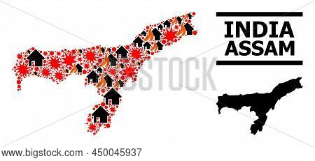 War Pattern Vector Map Of Assam State. Geographic Composition Map Of Assam State Is Done With Scatte