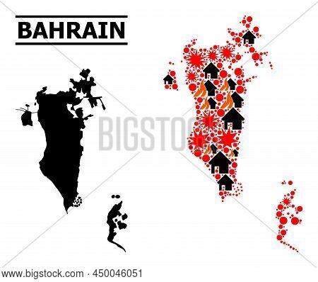 War Collage Vector Map Of Bahrain. Geographic Mosaic Map Of Bahrain Is Constructed With Scattered Fi