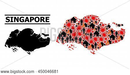 War Collage Vector Map Of Singapore. Geographic Collage Map Of Singapore Is Designed With Random Fir