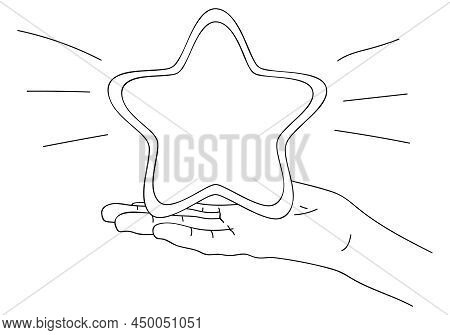 Hand Holding Star. Sketch, Linear Drawing In Minimalist Style. High Reward, Status Good Quality. Ran