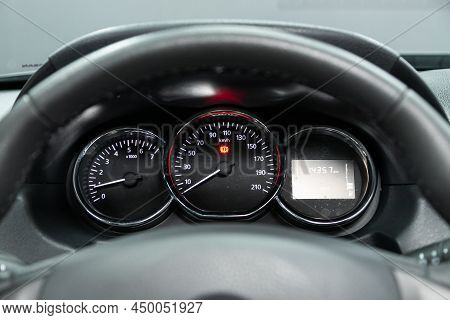 Novosibirsk, Russia -  February  10, 2022: Nissan Terrano, Close Up Instrument Automobile Panel With