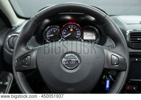 Novosibirsk, Russia -  February  10, 2022: Nissan Terrano, Cockpit Interior Cabin Details, Speedomet